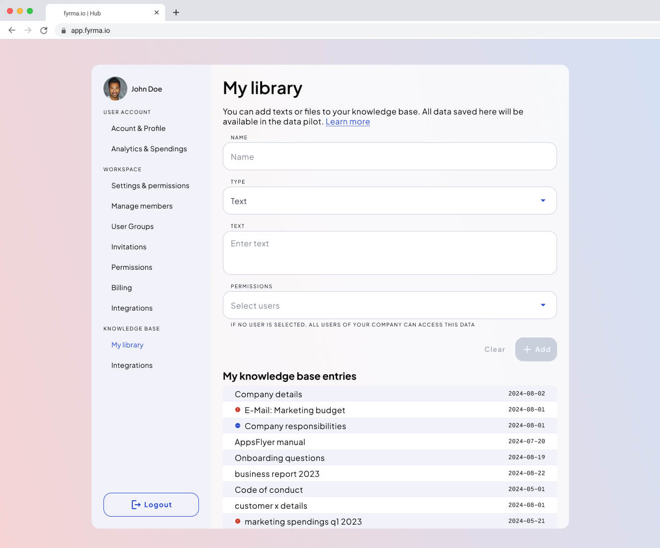 Fyrma Hub - Knowledge Base Interface