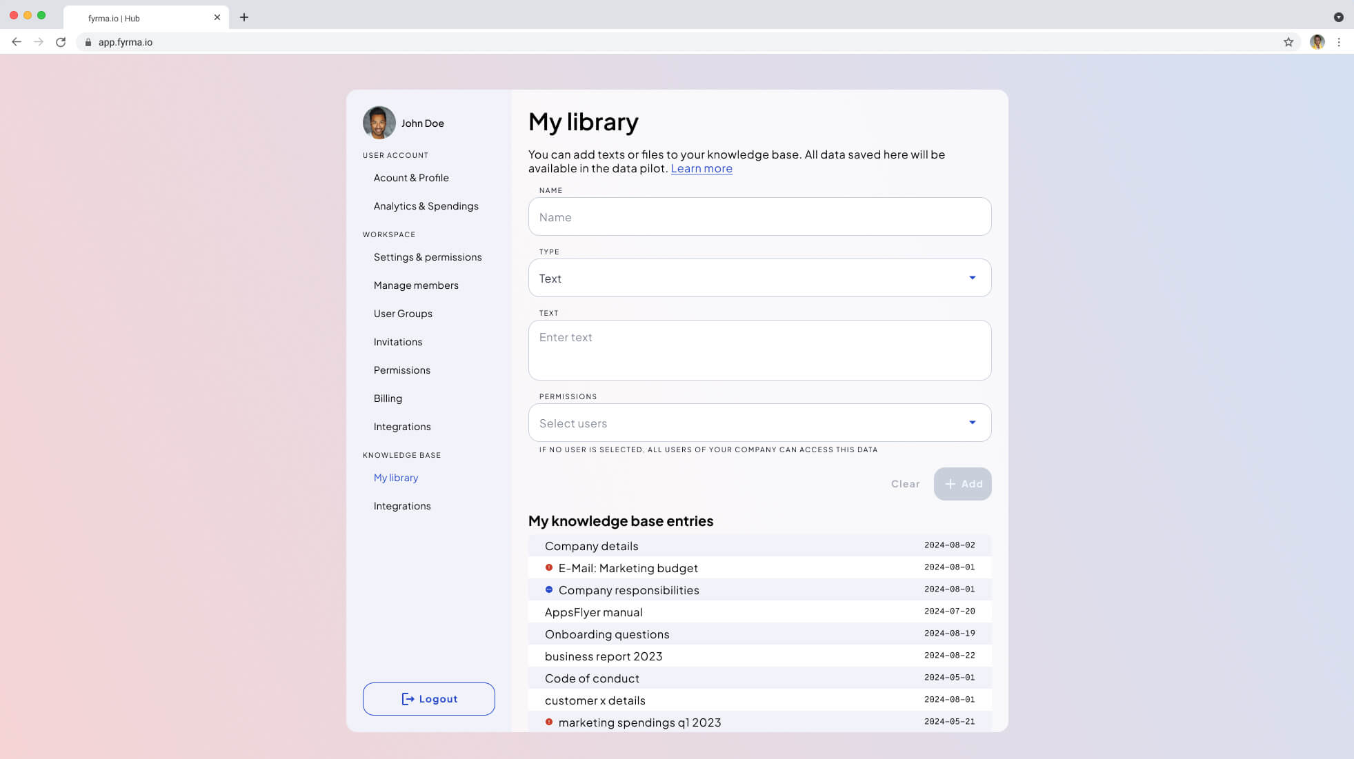 Fyrma Enterprise Knowledge Base interface showing library management